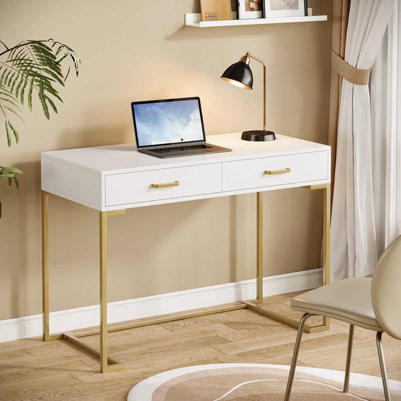 Modern Computer Desk White and Gold, Gold