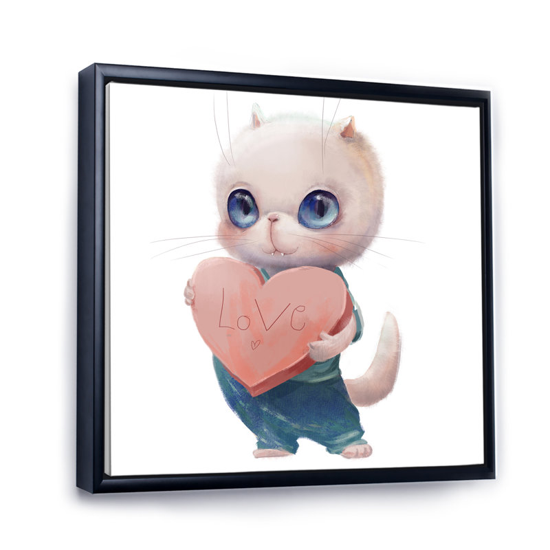 Mignon chat blanc avec cœur - reproduction d'art sur toile pour enfants, H 30 po x l 30 po x P 1 po, Cadre flottant noir