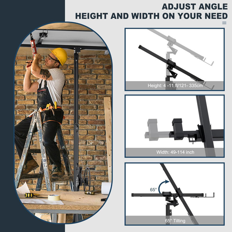 Palan à panneau de levage à cloison sèche de 11 pi avec rotation à 360 °, cric robuste de 150 lb, bras télescopique réglable et roulettes verrouillables