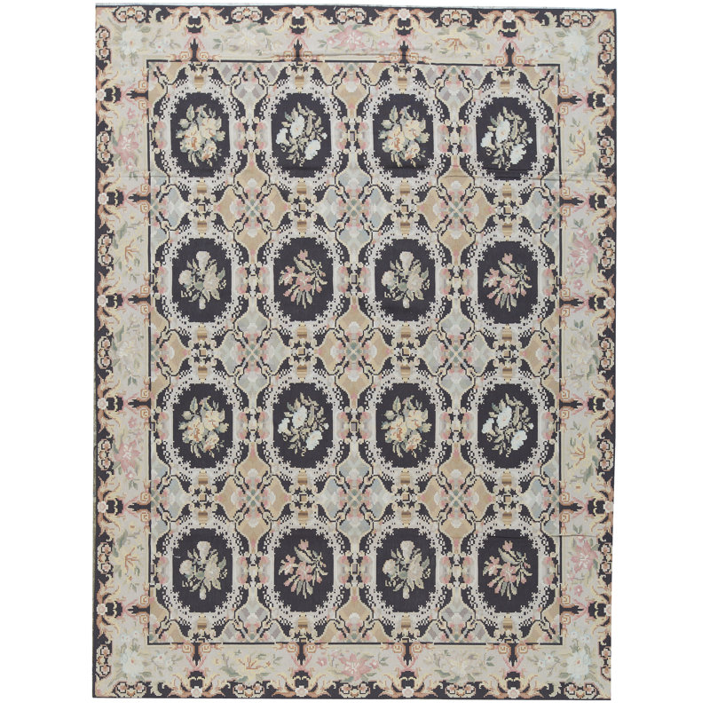 Hand-Knotted High-Quality Black and Beige Area Rug