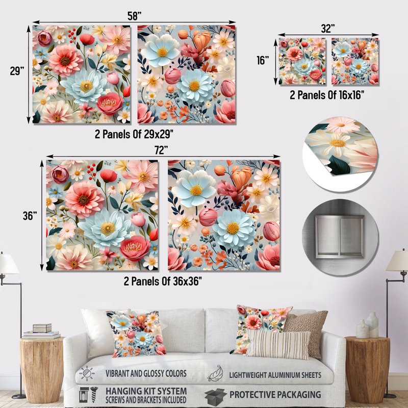 Flavio - Ensemble de 2 carrés muraux floraux en métal, H 16 po x l 32 po