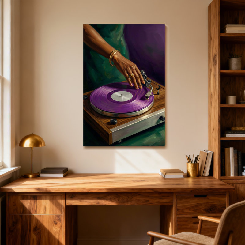 Aiguille de mode plaçant une aiguille sur un disque de vinyle mauve, H 36 po x l 24 po
