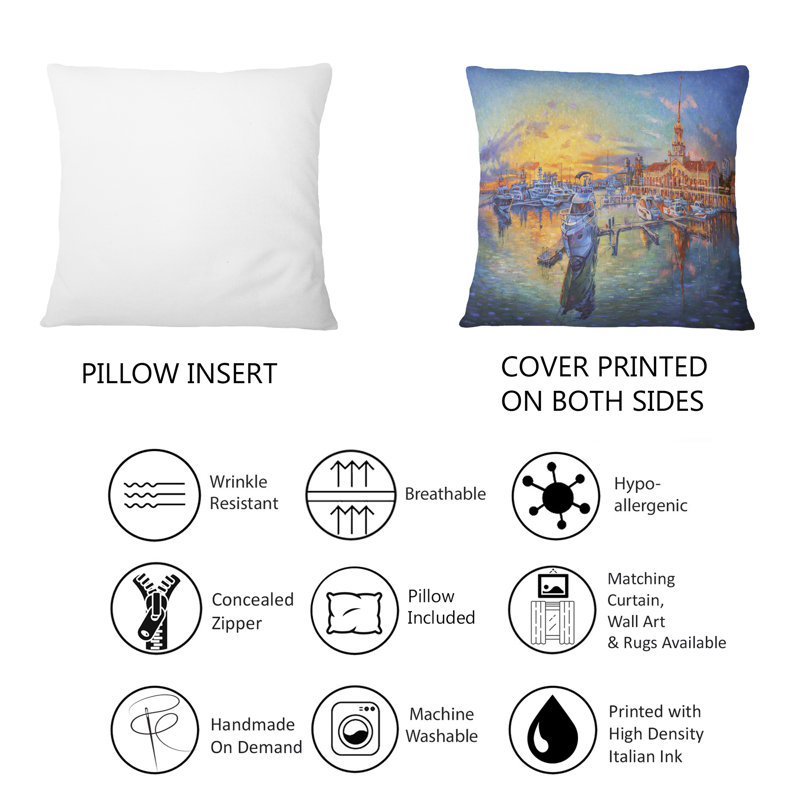 Coussin décoratif à imprimé nautique et côtier Sunset At The Seaport