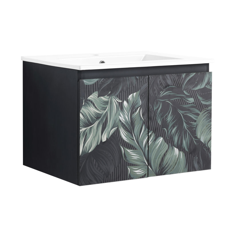 Meuble-lavabo mural 24 po. Armoire noire en contreplaqué avec porte à fermeture en douceur qui fonctionne sans effort. Lavabo en céramique pour un meuble-lavabo moderne. Fonctionne parfaitement