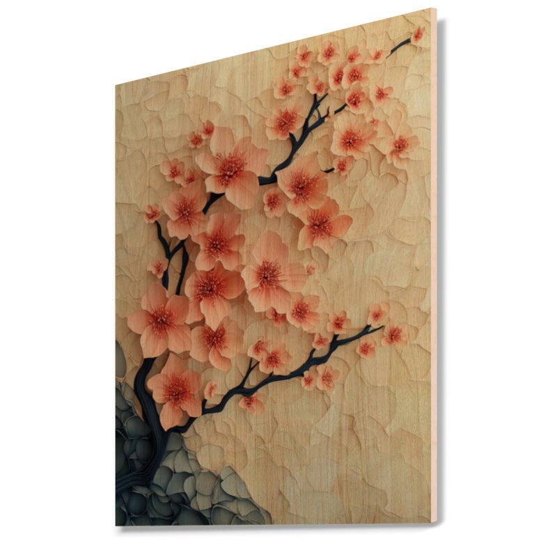 Fleurs de cerisier au printemps I - Décoration murale florale en bois, H 32 po x l 24 po, Rectangulaire
