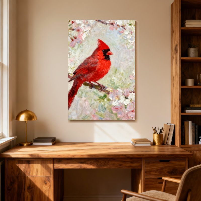 Animaux cardinaux perchés parmi les cerisiers en fleurs, H 40 po x l 28 po