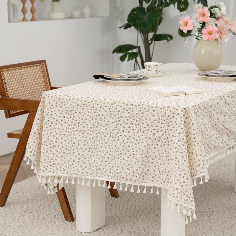     Spring Floral White Cotton Tablecloth with Tassel – 56" W X 88" L, 88" L x 56" W