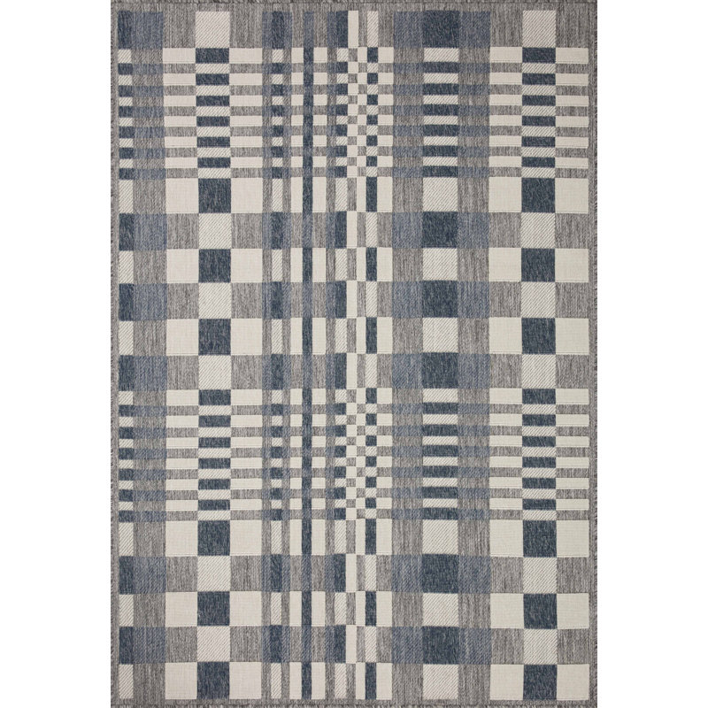 Tapis intérieur / extérieur écossais en denim / ivoire, Rectangle 9 pi 2 po x 12 pi 2 po