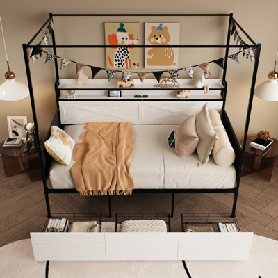 Cadre de lit simple blanc moderne avec 3 tiroirs de rangement, bandes à DEL et installation de chargement pour lit de chambre à coucher, installation d'éclairage auxiliaire pour quai roulant blanc
