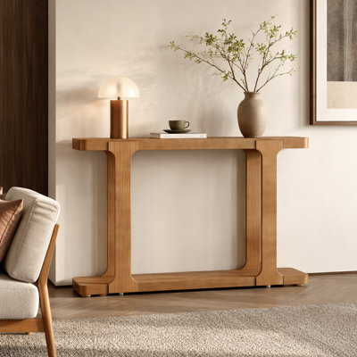 [Video] 50" Minimalist Modern Console Table, Inlaid Assembly Design, Solid Wood Legs, Pine Veneer, Thick Tabletop & Bottom Shelf, Entryway Sofa Table