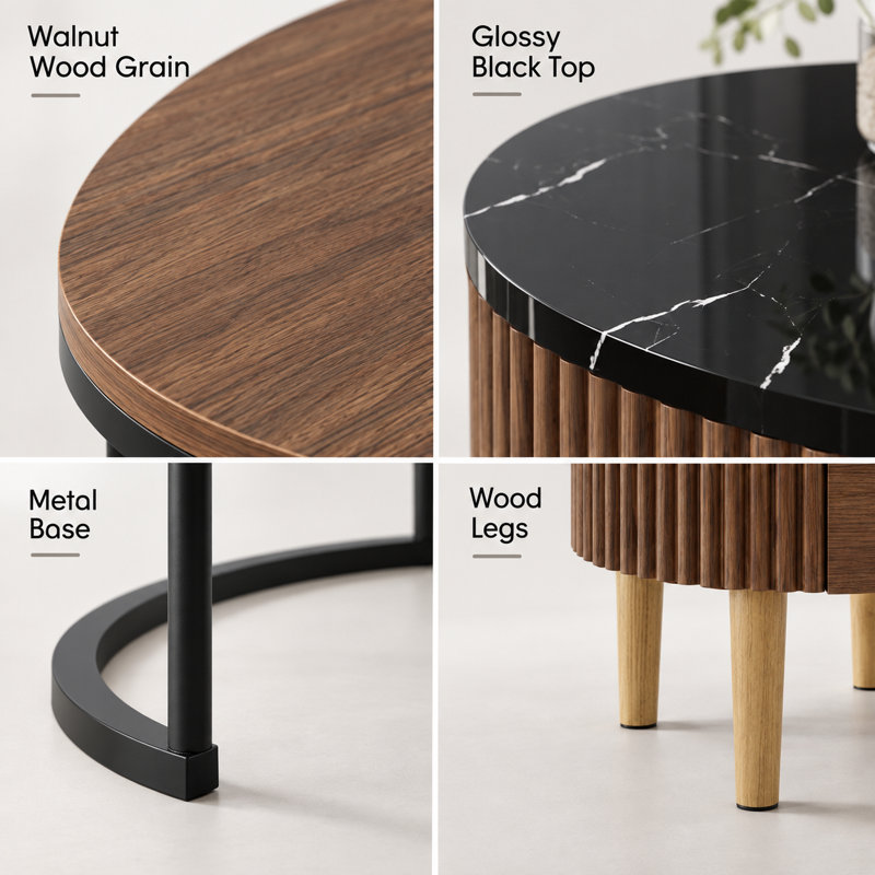 Ensemble de tables basses gigognes rondes avec tiroir et éclairage à détecteur de mouvement, plateau en bois et imitation marbre, pour salon