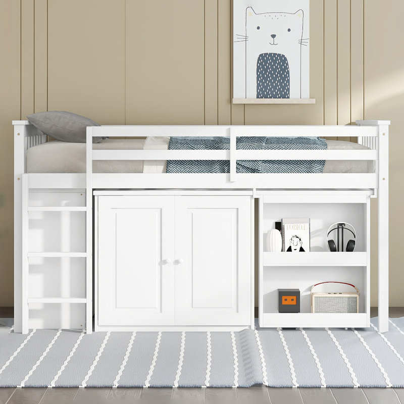 Lit mezzanine simple avec rangement, tiroir, tablette et bureau coulissant, lit superposé pour enfant en bois d'hévéa avec barrière de sécurité et échelle