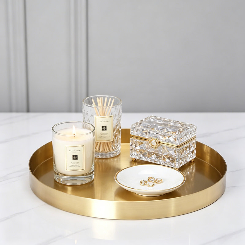 Gold Decorative Tray For Jewelry And Vanity, Stainless Steel Round Serving Tray For Home Decor And Organization
