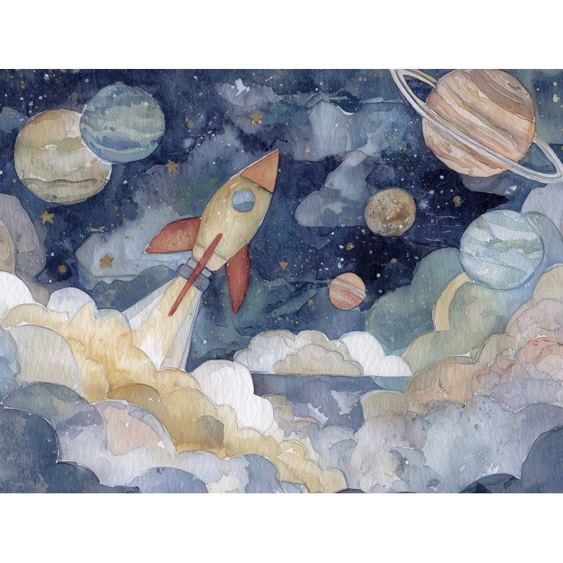 Space Rocket Wallpaper Planets Whimsical Wall Mural, Non-Woven Nonpasted, 140"x108"