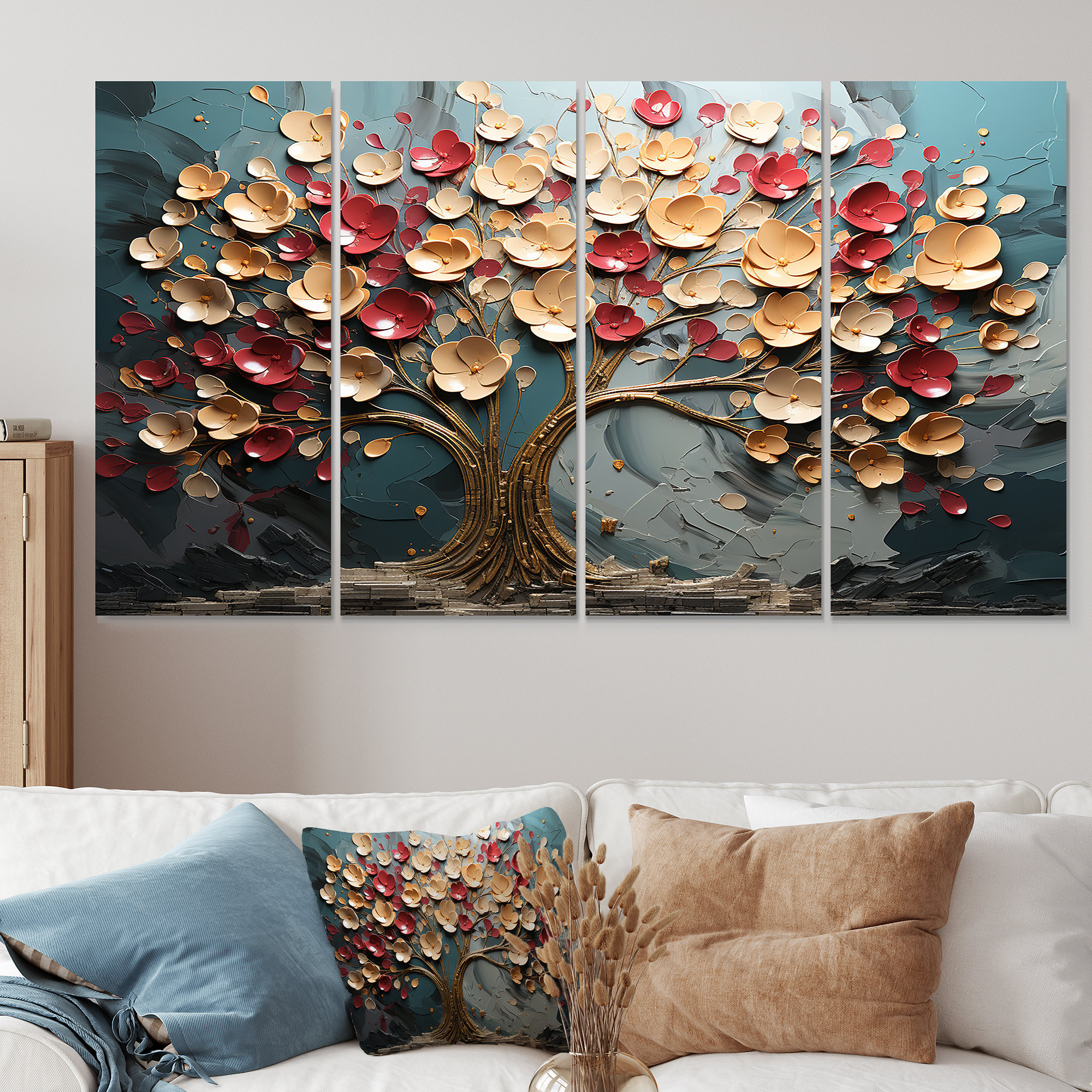 Mercer41 Red And Gold Flower Tree Moonlight Beauty II Tree 4 Piece