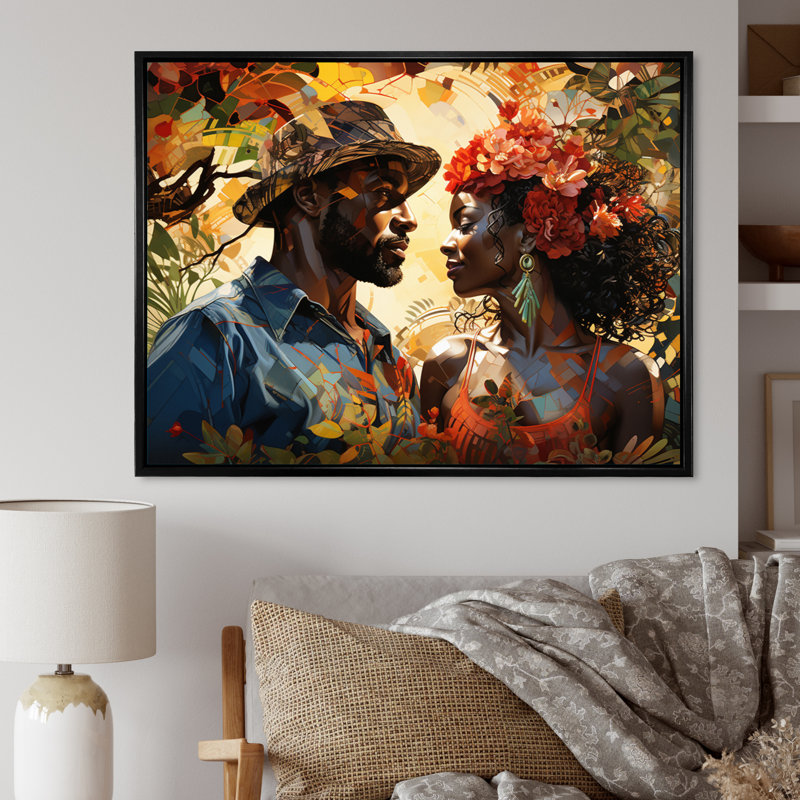 «African Couple Resilient I» - Art mural américain africain, H 12 po x l 20 po x P 1 po, Cadre flottant noir
