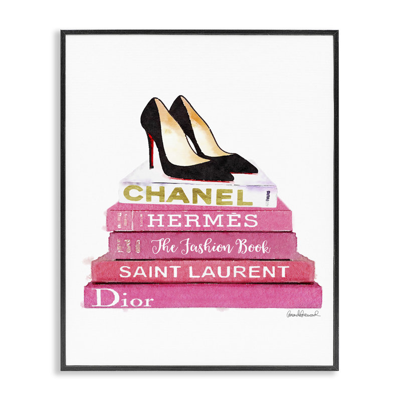 «Pink Fashion Books Pump Heels», impression, H 20 po x l 16 po, Giclée encadrée noir minuit