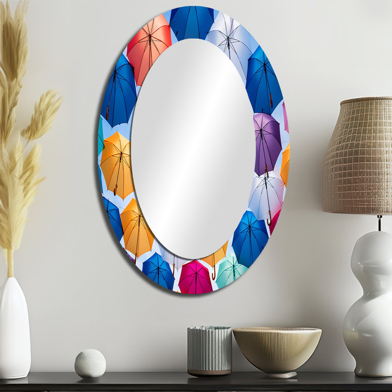 Sky Full Of Colorful Umbrellas I - Multi-Color Oval Wall Mirror Decor, 36" H x 24" W