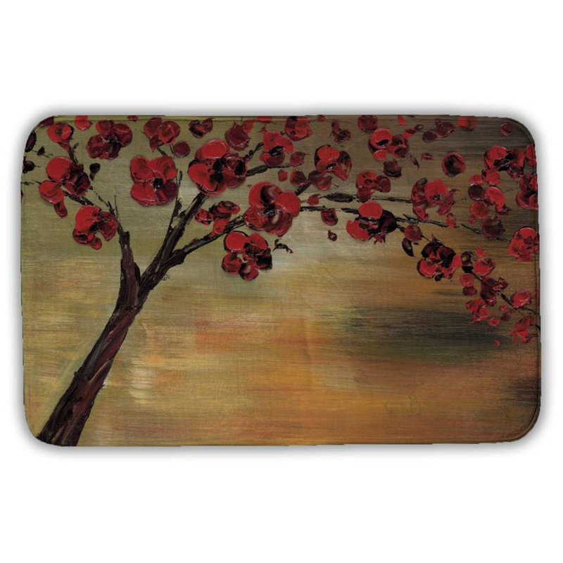Red flowers tree Bath Mat with Non-Slip Backing - Quick Dry Memory Foam Bathroom Rug - Absorbent - Modern Plush Spa-Style - Machine Washable