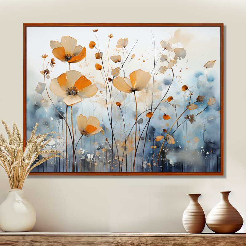 Art sur toile, "Orange Mute Botanicals II", H 12 po x l 20 po x P 1 po, Cadre flottant brun