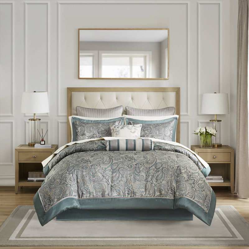 Aubrey 12 Piece Comforter Set with Cotton Bed Sheets, Queen Comforter + 11 Additional Pieces, Teal