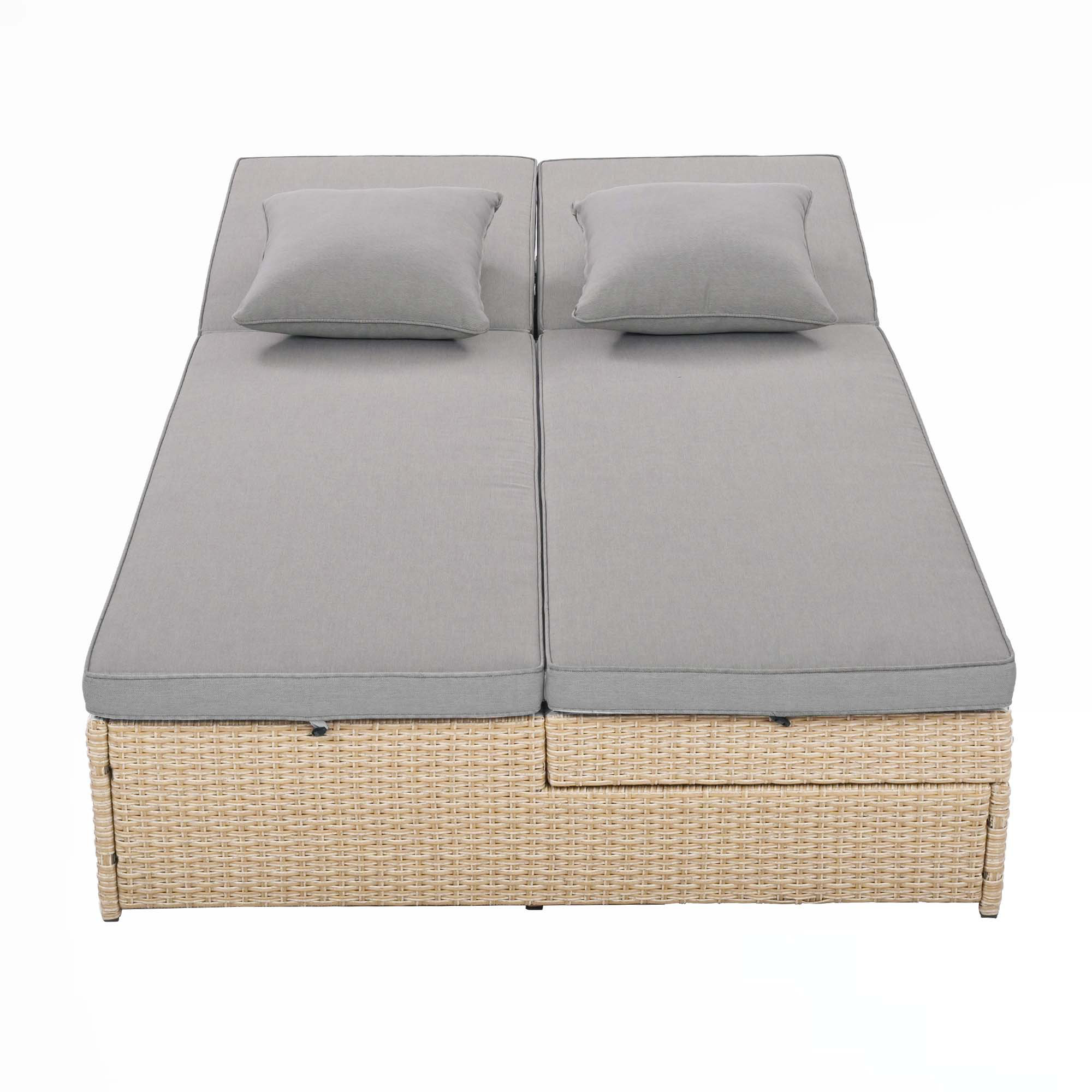 Latitude Run® Outdoor Double Sunbed, Wicker Rattan Patio Reclining Chairs With Adjustable