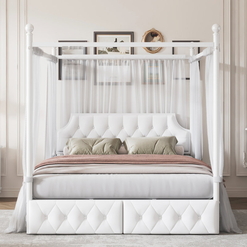 Lit plateforme à baldaquin en métal pour lit grand avec 2 commodes, lit blanc, taille, 2 tiroirs de rangement,