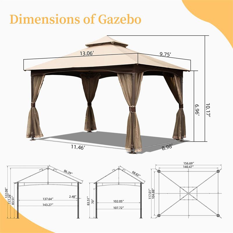 Pavillon de jardin d'extérieur 10 pi x 13 pi avec structure en métal, filet, kaki pour toit double, protégé, imperméable, tente de filet kaki