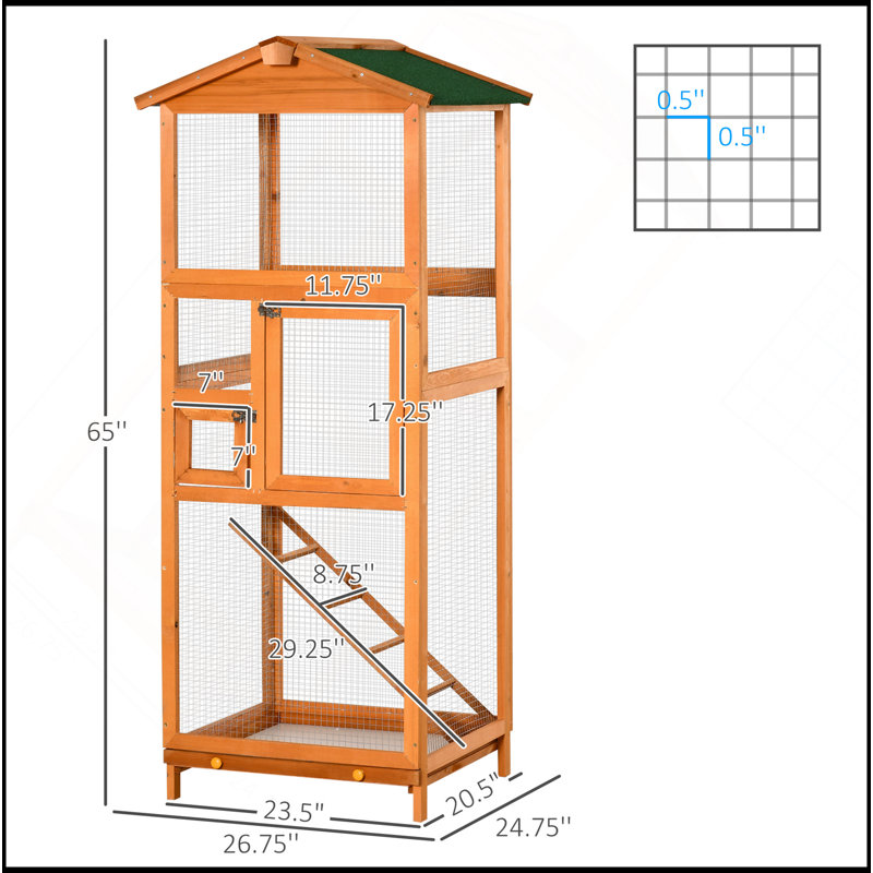 Cage à oiseaux 65 "en bois pour perroquet, perruche, avec plateau coulissant et 2 portes, Orange