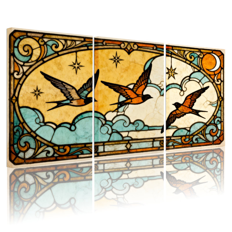 Ensemble de 3 impressions sur toile de style vitrail hirondelles et nuages, H 18 po x l 36 po