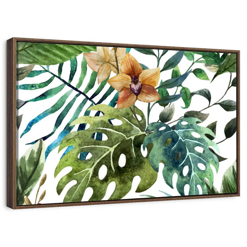 Feuilles de Monstera sauvages, Cadre flottant noyer, 31 po x 21 po