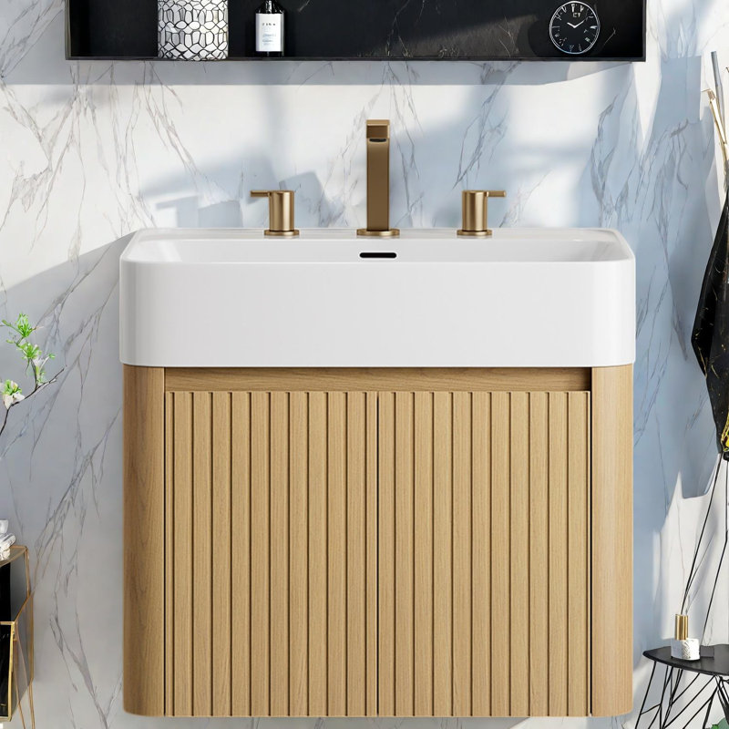 Meuble-lavabo flottant 36 po, lavabo grain de chêne moderne, 23.62