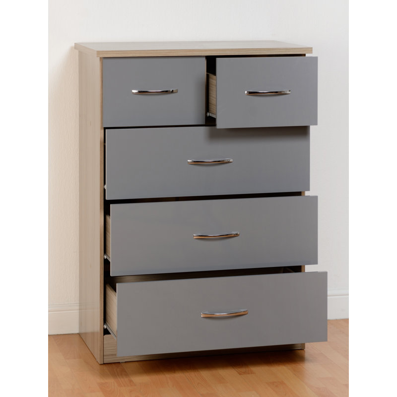 Cascio 5 Drawer Chest Of Drawers, Grey Gloss/Light Oak Effect Veneer
