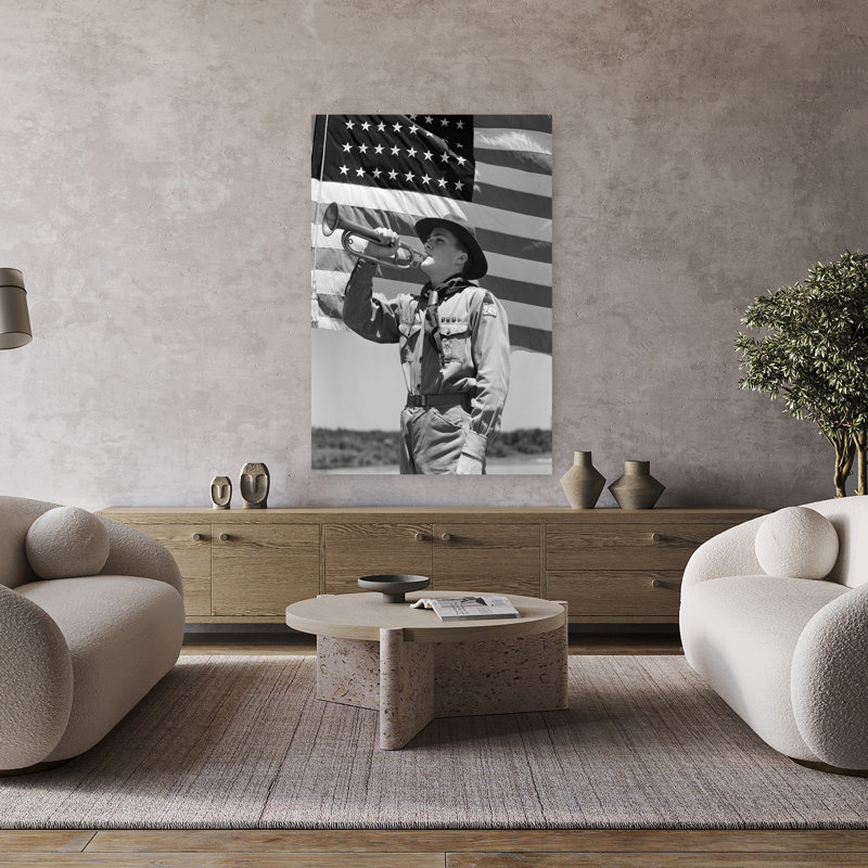 «Boy Scout 1940» jouant du clairon devant un drapeau américain de 48 étoiles, rétro, portrait abstrait, art mural urbain