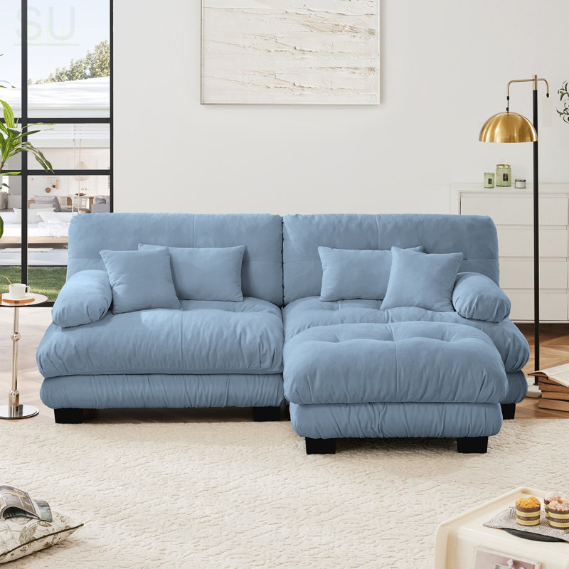Cloud Couch Sectional Sofa For Living Room, Chenille 2 Seater With Pillows And Convertible Ottoman, Blue