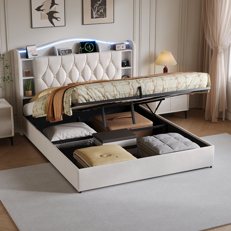 Solid Wood Ottoman Storage Bed, Beige, Kingsize (5')