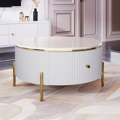 Table basse ronde contemporaine, 2 tiroirs spacieux, motif en marbre élégant, pieds dorés pour un espace de rangement moderne et spacieux,