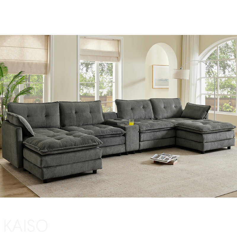 Canapé modulaire de 154 po avec repose-pieds en nuage avec repose-pieds modulaire en U de 154 po, canapé modulaire surdimensionné moderne en velours côtelé 6 places avec console centrale Port USB, gris