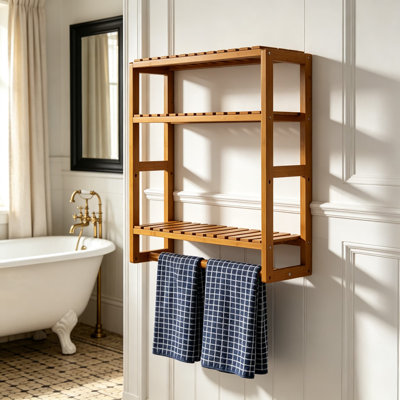Over The Toilet Storage Shelf Wall Mounted Bamboo Bathroom Organizer Space Saver with Hanging Rod and Adjustable Tiers for Towels and Toilet Paper