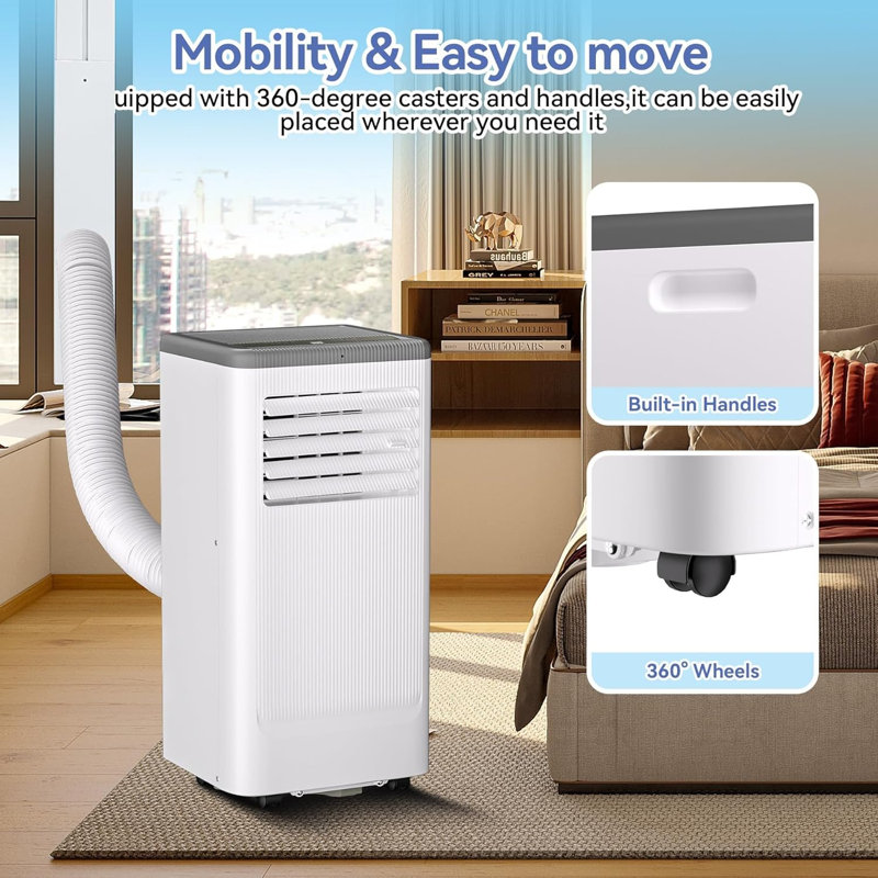 Climatiseur portatif, déshumidificateur 3-en-1 à courant alternatif de 8 000 BTU, ventilateur de 350 pieds carrés, mode veille silencieuse, télécommande et ensemble de fenêtre pour bureau de chambre à coucher, noir