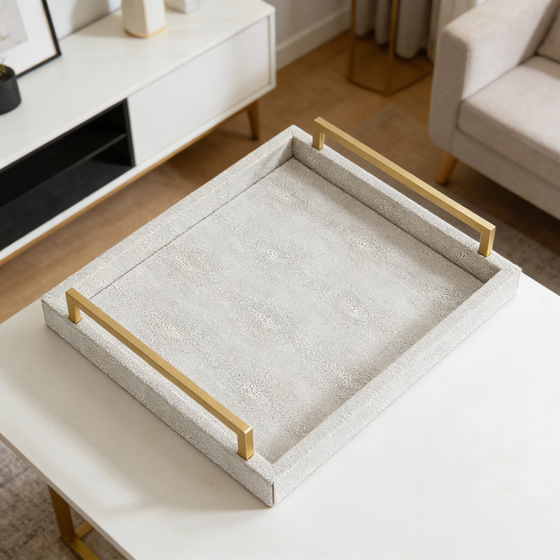 Shagreen Faux Leather Serving Tray With Handles - Decorative Rectangular Ottoman And Coffee Table Tray For Living Room, Bathroom, And Bedroom