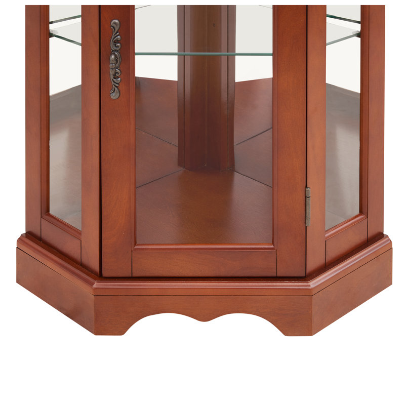 Walnut Corner Curio Cabinet with Lights, Adjustable Tempered Glass Shelves and Mirrored Back - Lighted Display Cabinet for Collectibles