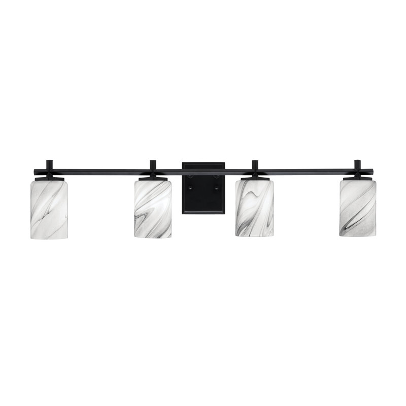 Mariko 2 Light Bath Bar Shown In  With 4" Onyx Swirl Glass, 8.5" H x 35.25" W x 6.25" D, Matte Black, 4 Lights
