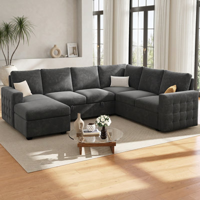 U Shaped Sectional Sofa Bed Pull Out Sleeper Couch with Storage, Chenille Upholstered, Darkgray