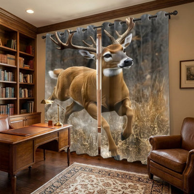 2Pcs Realistic Deer Printed Curtains, Nature Wildlife Theme Drapes, Rustic Woodland Style Animal Pattern Grommet Panels, Window Treatment for Bedroom Living Room Decor