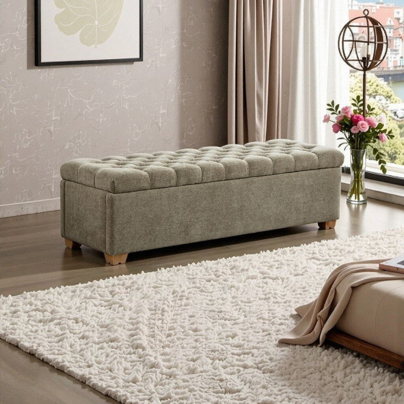Banc de rangement en chenille, repose-pieds capitonné avec pieds en bois massif, Taupe