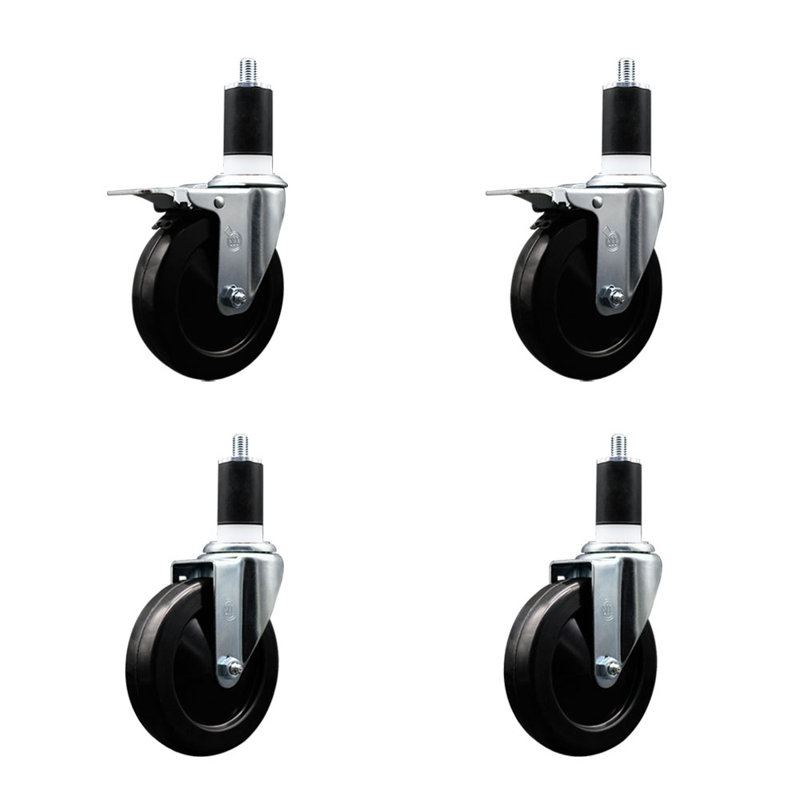 5 Inch SS Soft Rubber Swivel 1-1/2 Inch Expanding Stem Caster Set 2 Total Lock Brakes