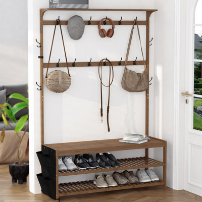 Entrance Bench With Hat Rack 6-In-1 Hat Rack With Cloth Bag Storage Bag, Shoe Bench With 16 Hat Hooks by Latitude Run