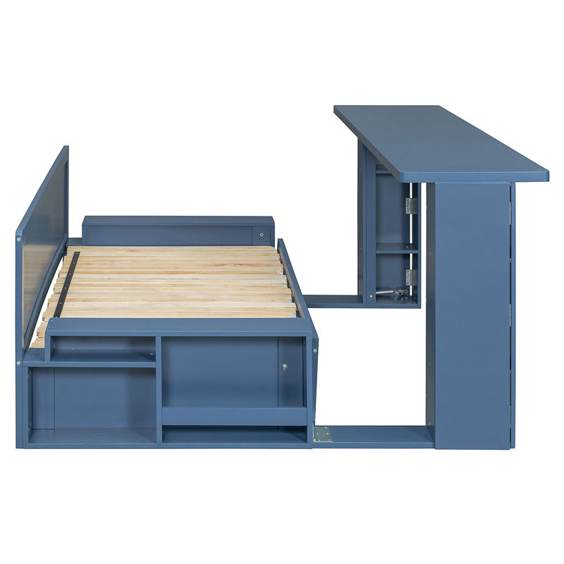 Lit de jour avec bureau amovible, Bleu, Lit double