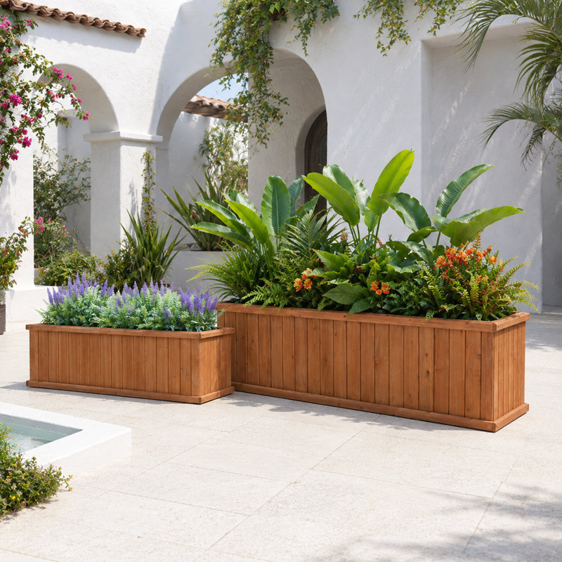 2-Piece Cedar Wood Outdoor Planter Box Set with Drainage, 48-Inch and 60-Inch Rectangular, Brown